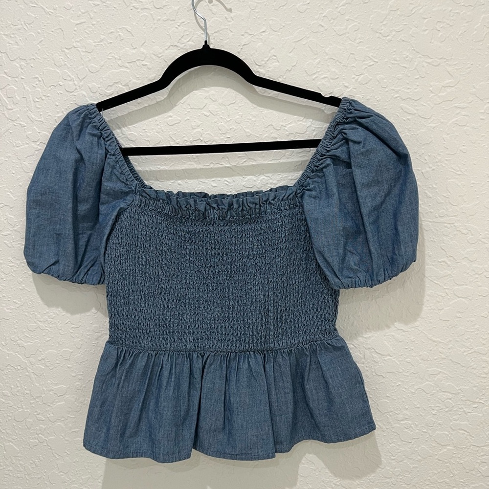 J. Crew Denim Blue Smocked Blouse